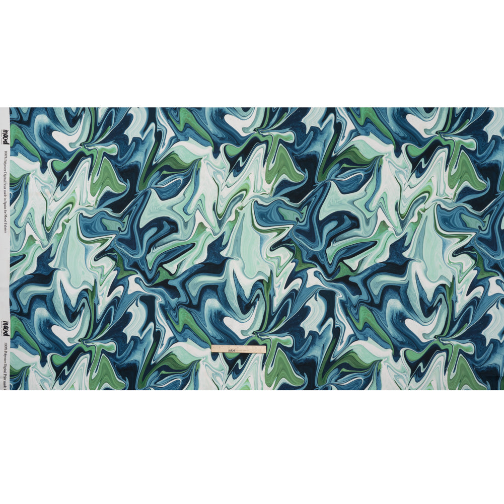 Polyester Satin - Blue, Green and White Marbled Swirls - Mood Exclusive Cascading Current Print