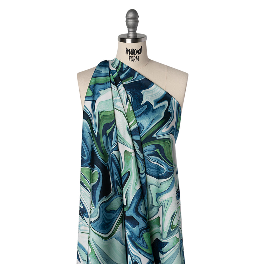 Polyester Satin - Blue, Green and White Marbled Swirls - Mood Exclusive Cascading Current Print