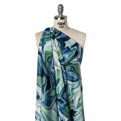 Polyester Satin - Blue, Green and White Marbled Swirls - Mood Exclusive Cascading Current Print