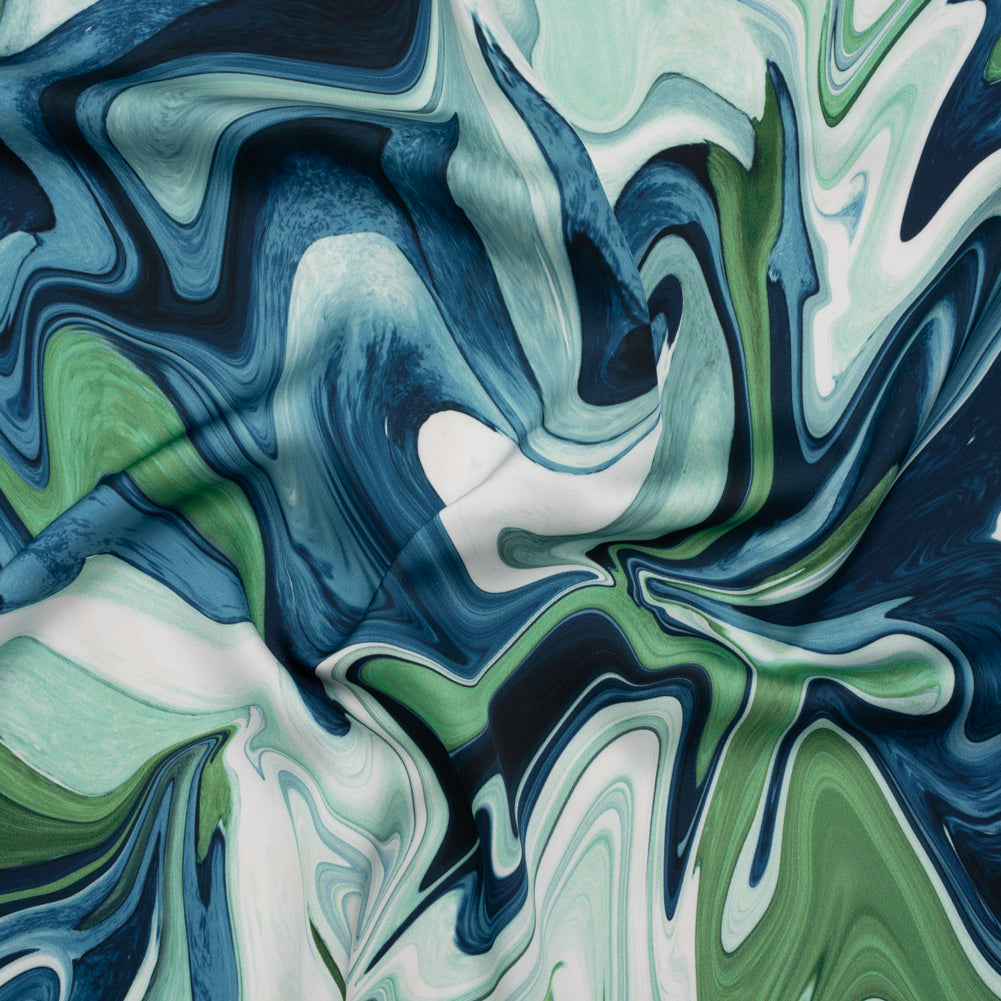 Polyester Satin - Blue, Green and White Marbled Swirls - Mood Exclusive Cascading Current Print
