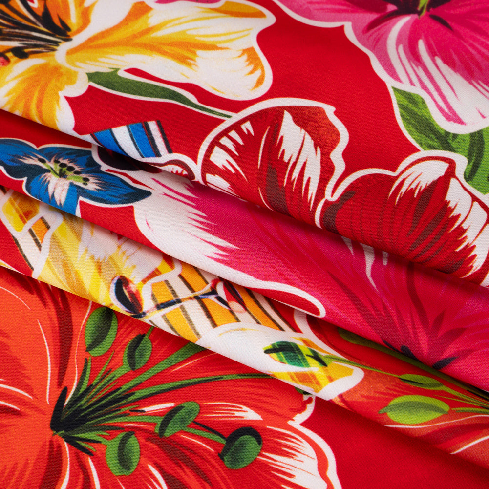 Polyester Satin - Red, Yellow and Blue Flowers and Striped Blocks - Mood Exclusive Linear Bloom Print Folded