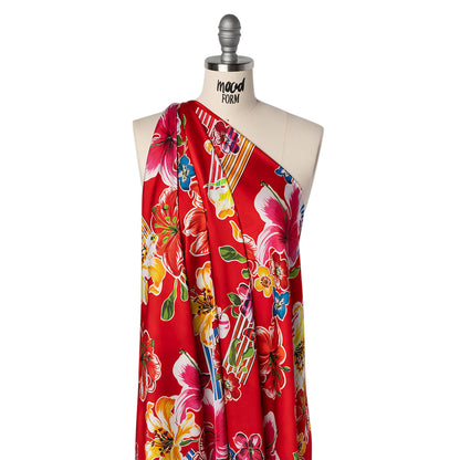 Polyester Satin - Red, Yellow and Blue Flowers and Striped Blocks - Mood Exclusive Linear Bloom Print Drape