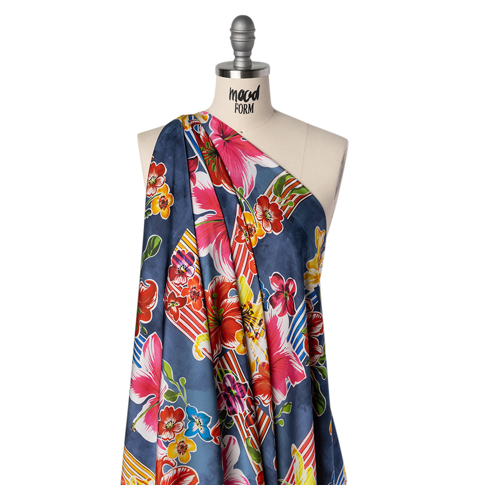 Polyester Satin - Navy Blue, Red and Pink Flowers and Striped Blocks - Mood Exclusive Linear Bloom Print Drape