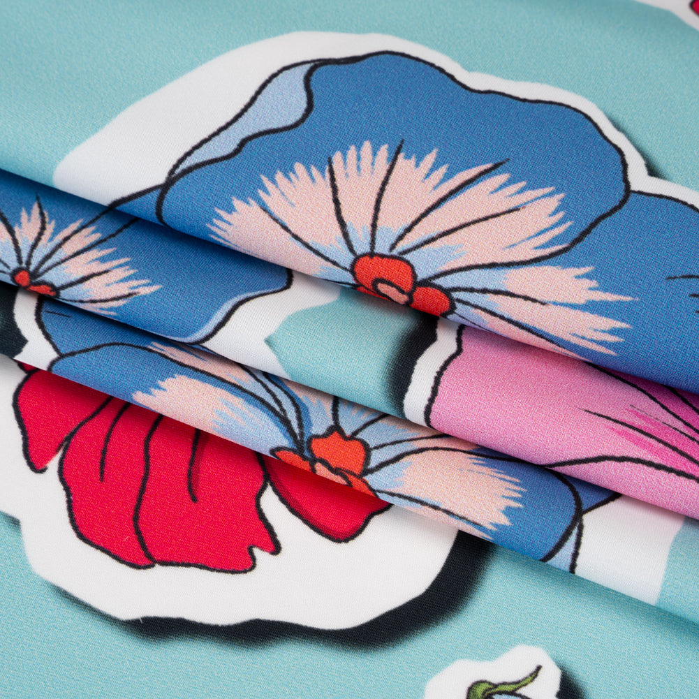 Polyester Satin - Sky Blue, Red and Pink Big Floral Stickers - Mood Exclusive Sticker Garden Print - Folded