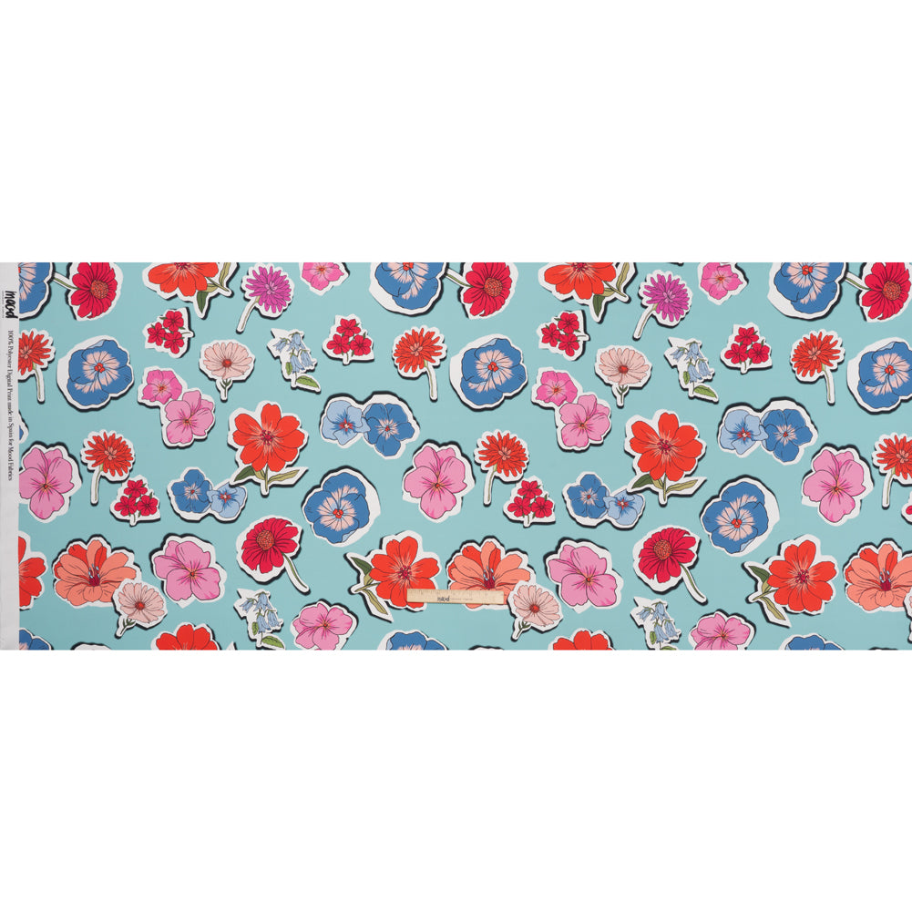 Polyester Satin - Sky Blue, Red and Pink Big Floral Stickers - Mood Exclusive Sticker Garden Print - Full
