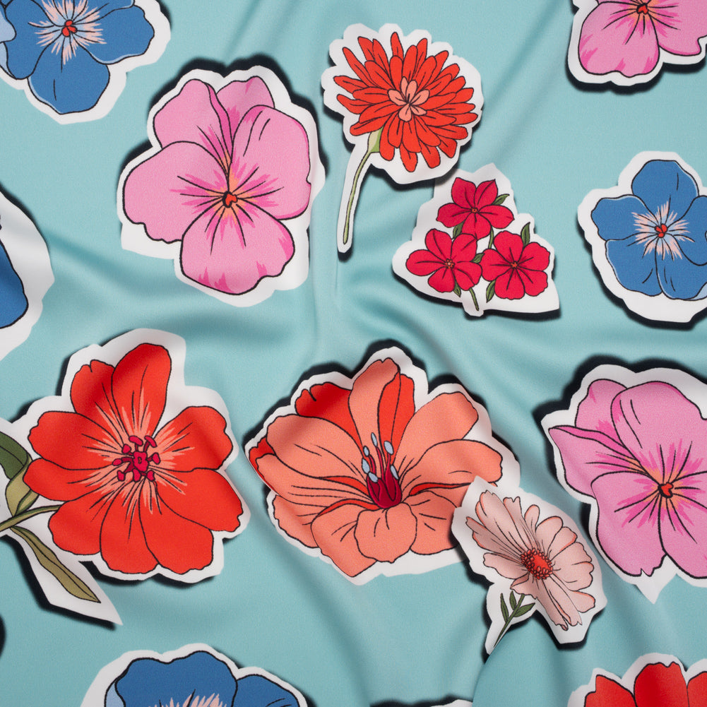Polyester Satin - Sky Blue, Red and Pink Big Floral Stickers - Mood Exclusive Sticker Garden Print