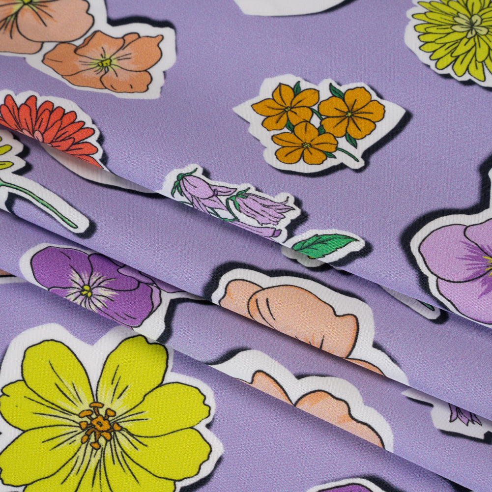 Polyester Satin - Lavender, Lime Green and Orange Little Floral Stickers - Mood Exclusive Sticker Garden Print - Folded