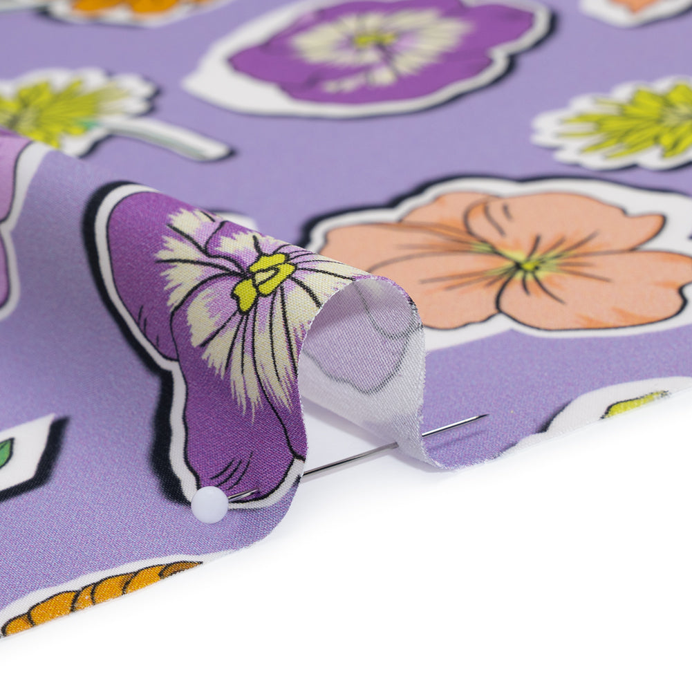 Polyester Satin - Lavender, Lime Green and Orange Little Floral Stickers - Mood Exclusive Sticker Garden Print - Detail