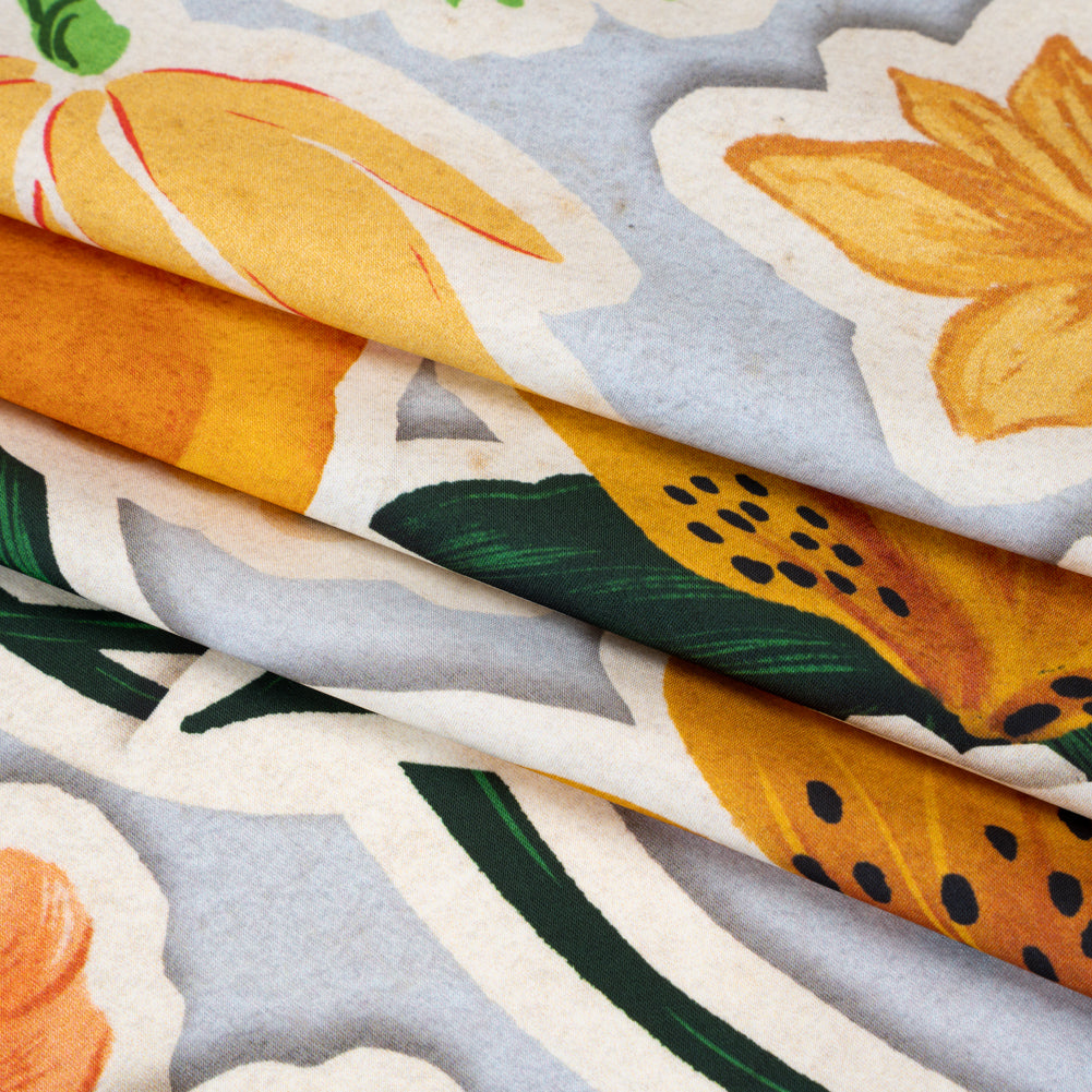 Polyester Satin - Pale Blue, Green and Orange Flowers Collage - Mood Exclusive Clipped Botanicals Print