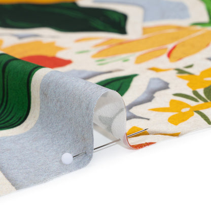 Polyester Satin - Pale Blue, Green and Orange Flowers Collage - Mood Exclusive Clipped Botanicals Print