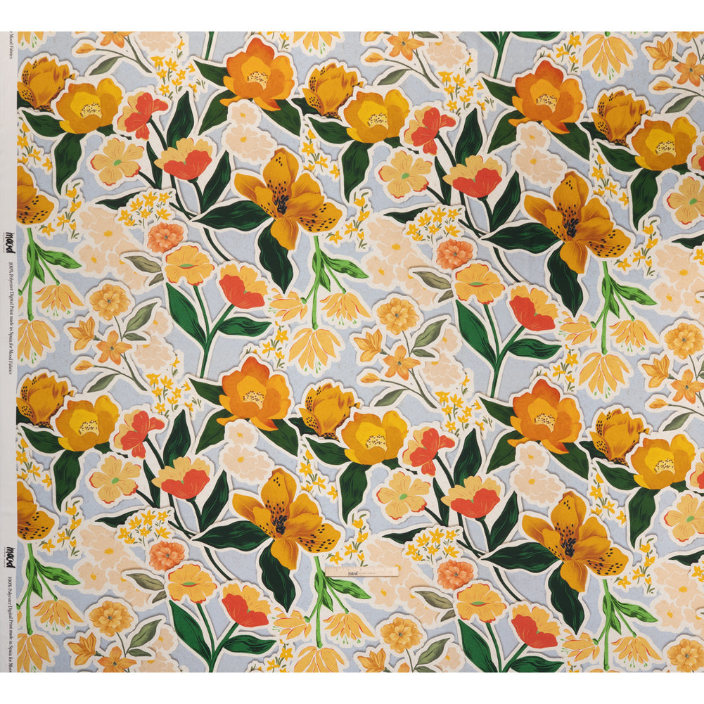 Polyester Satin - Pale Blue, Green and Orange Flowers Collage - Mood Exclusive Clipped Botanicals Print