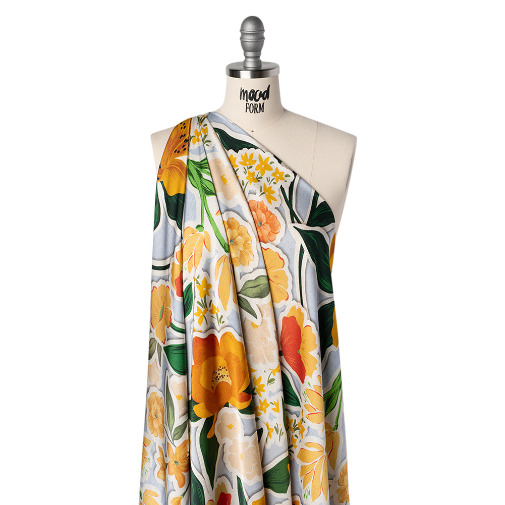 Polyester Satin - Pale Blue, Green and Orange Flowers Collage - Mood Exclusive Clipped Botanicals Print