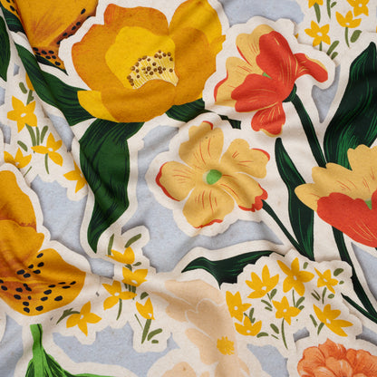 Polyester Satin - Pale Blue, Green and Orange Flowers Collage - Mood Exclusive Clipped Botanicals Print