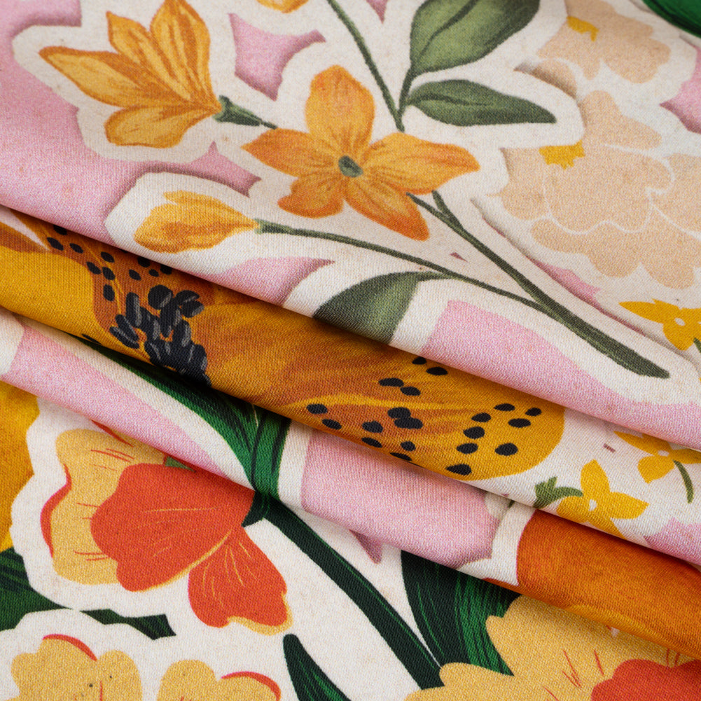 Polyester Satin - Pink, Green and Orange Flowers Collage - Mood Exclusive Clipped Botanicals Print Folded