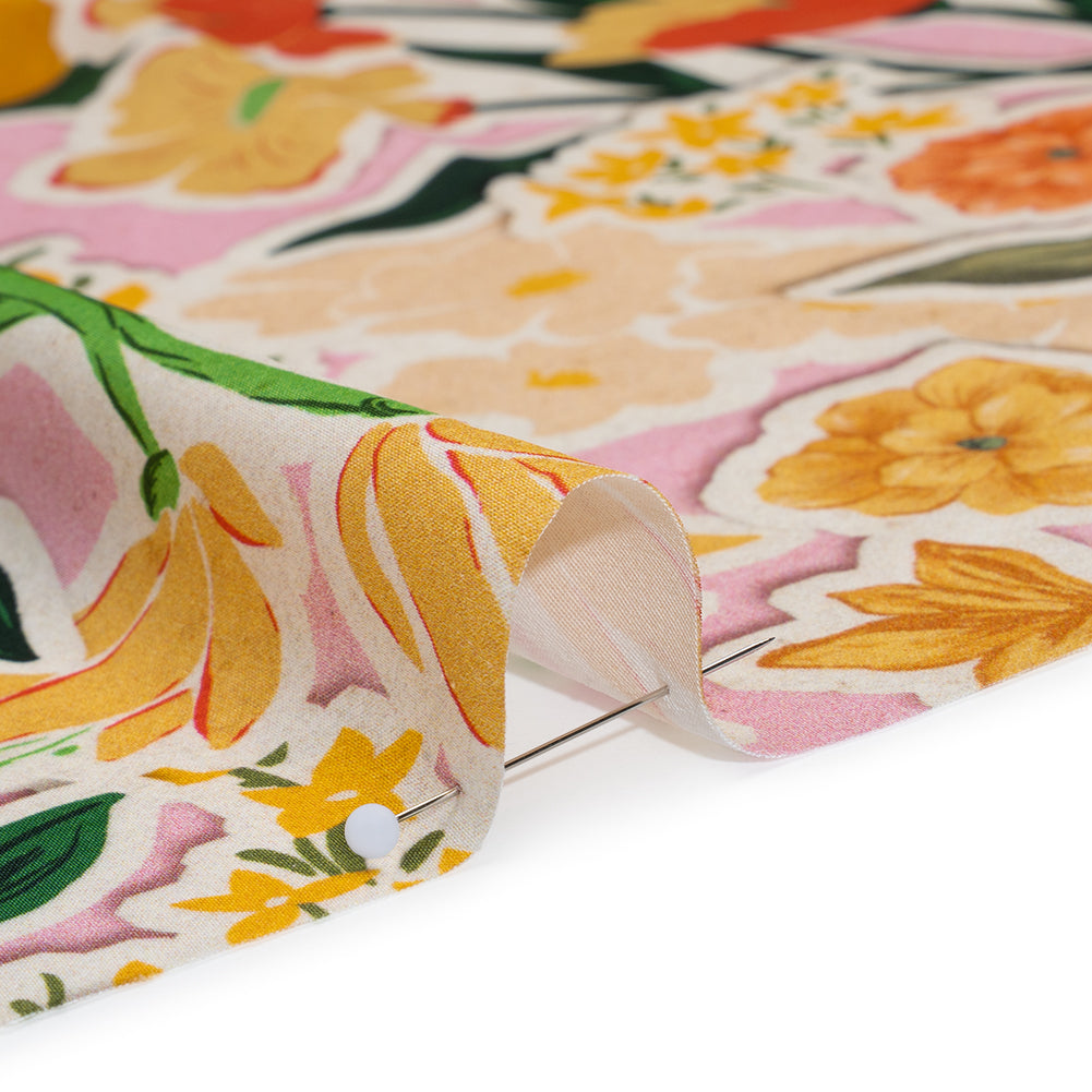 Polyester Satin - Pink, Green and Orange Flowers Collage - Mood Exclusive Clipped Botanicals Print Detail