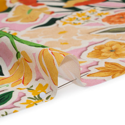 Polyester Satin - Pink, Green and Orange Flowers Collage - Mood Exclusive Clipped Botanicals Print Detail