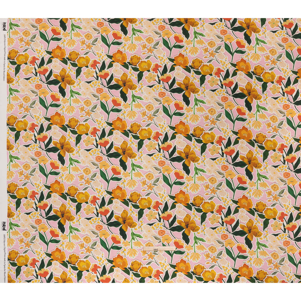 Polyester Satin - Pink, Green and Orange Flowers Collage - Mood Exclusive Clipped Botanicals Print Full
