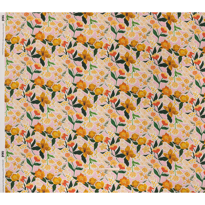 Polyester Satin - Pink, Green and Orange Flowers Collage - Mood Exclusive Clipped Botanicals Print Full
