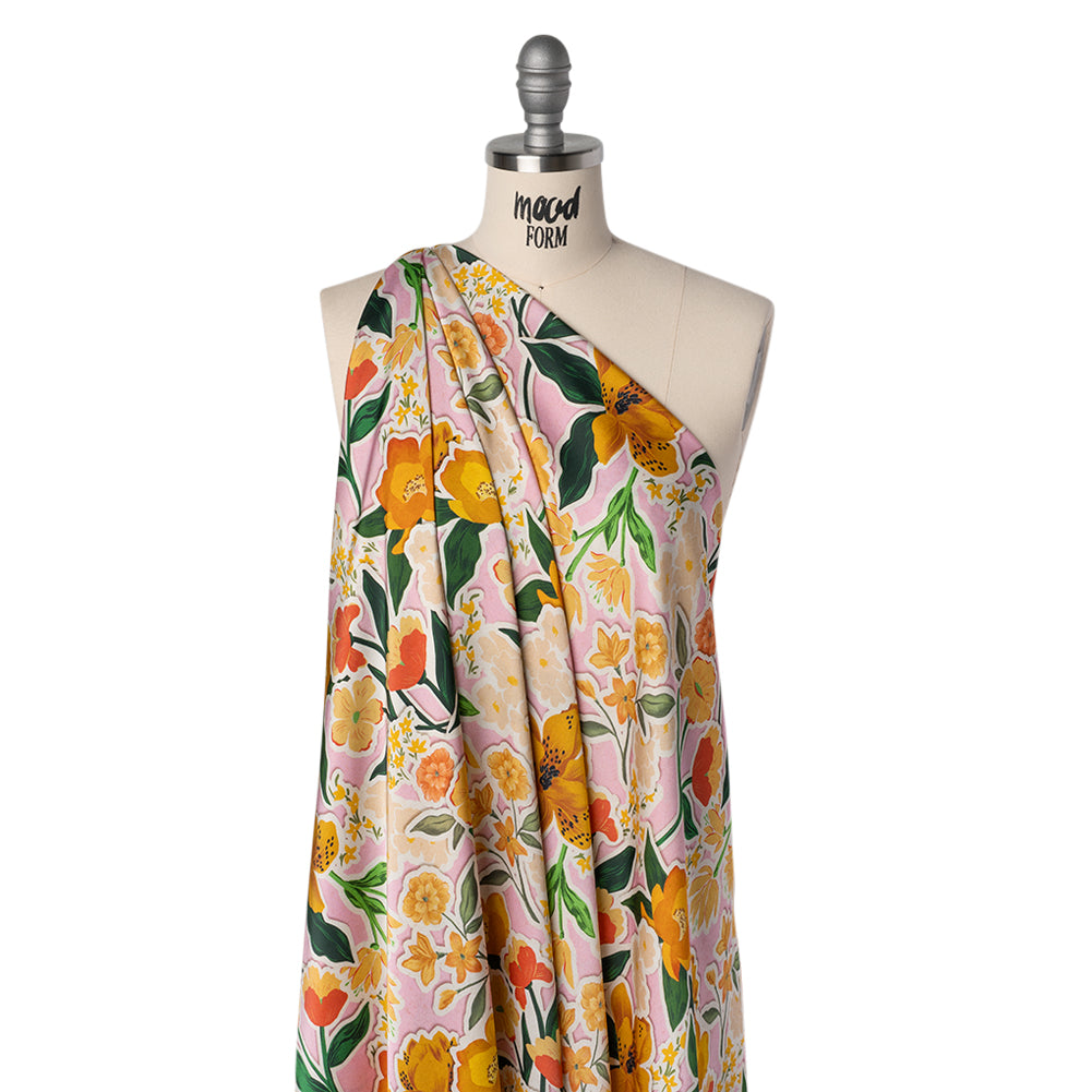 Polyester Satin - Pink, Green and Orange Flowers Collage - Mood Exclusive Clipped Botanicals Print Drape