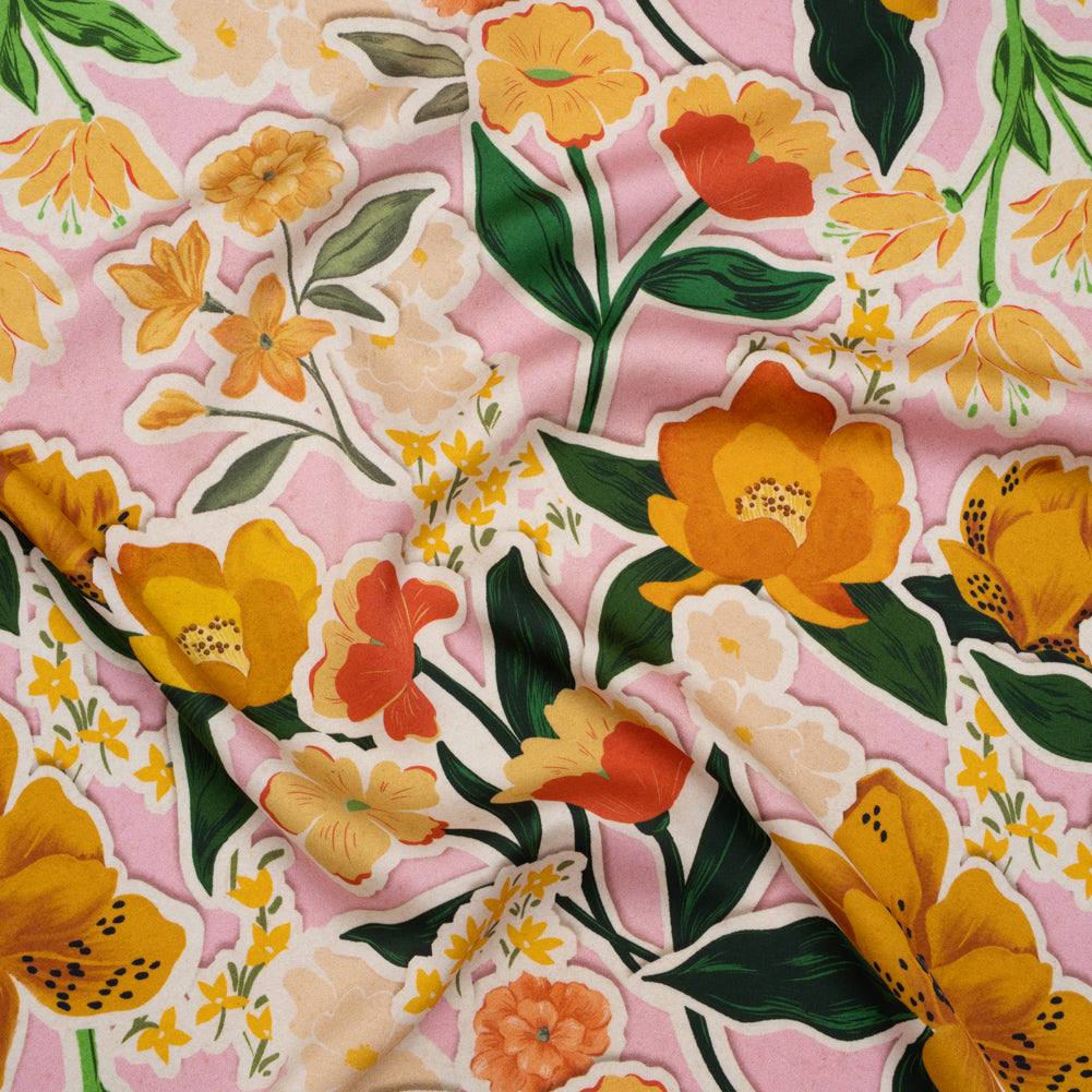 Polyester Satin - Pink, Green and Orange Flowers Collage - Mood Exclusive Clipped Botanicals Print