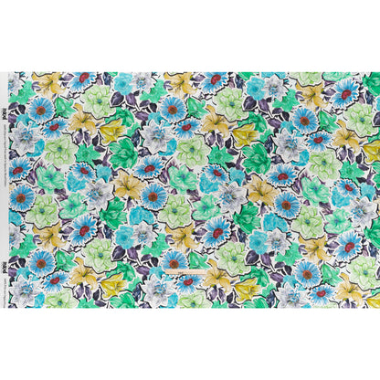 Polyester Satin - Green, Blue and Purple Overlapping Flower Cutouts - Mood Exclusive Layered Whimsy Print Full