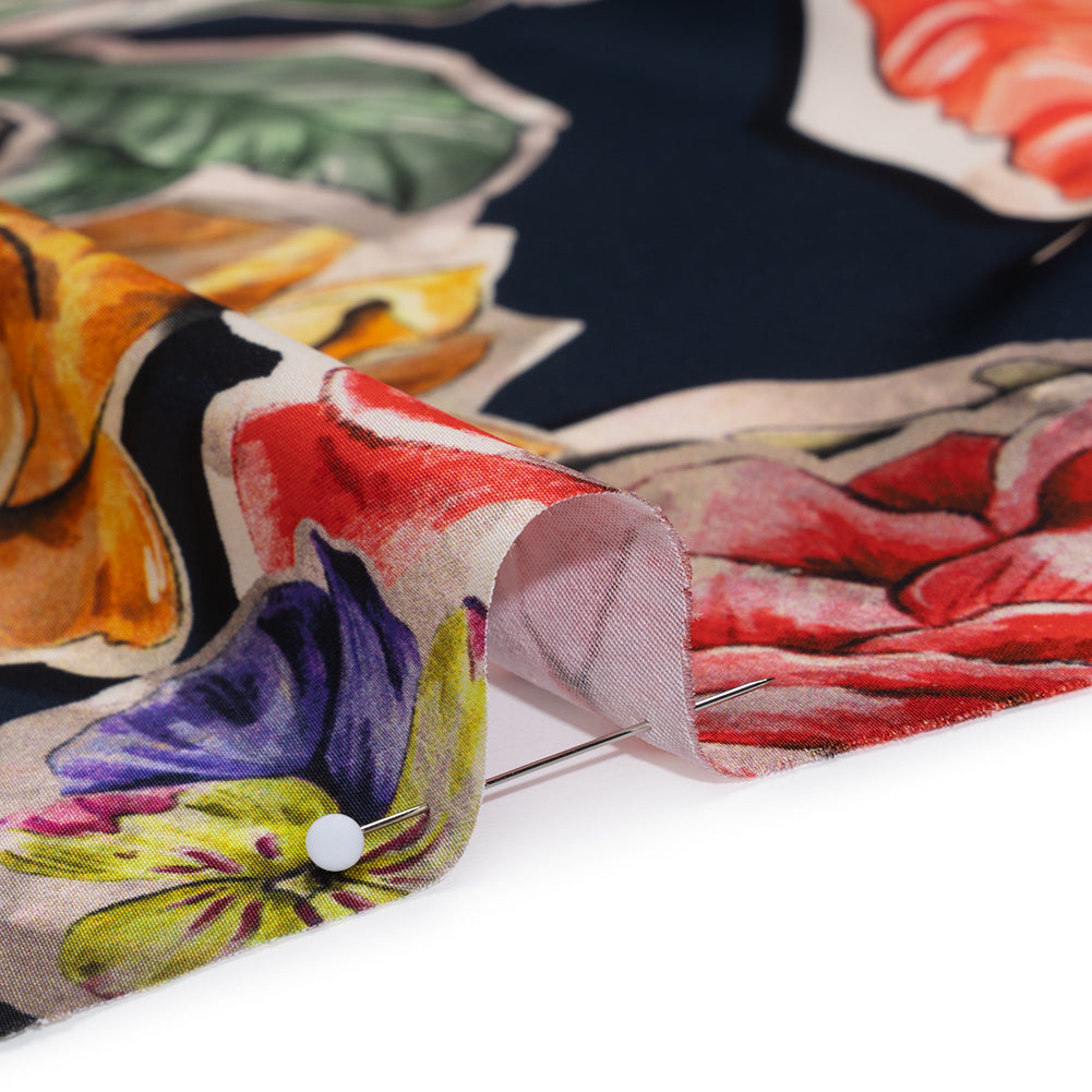 Polyester Satin - Golden Orange, Red and Green Illustrated Flower Collage - Mood Exclusive Floral Montage Print - Detail