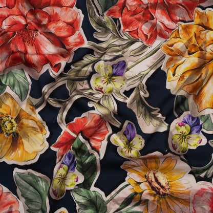 Polyester Satin - Golden Orange, Red and Green Illustrated Flower Collage - Mood Exclusive Floral Montage Print