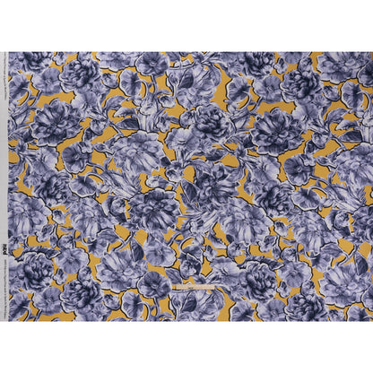 Polyester Satin - Gold and Steel Blue Illustrated Flower Collage - Mood Exclusive Floral Montage Print