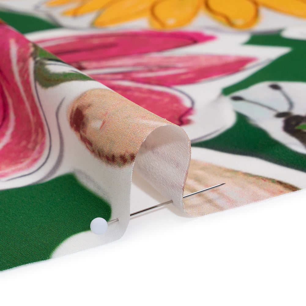 Polyester Satin - Green, Pink and Yellow Flower Sketches - Mood Exclusive Brushlight Blossoms Print Detail
