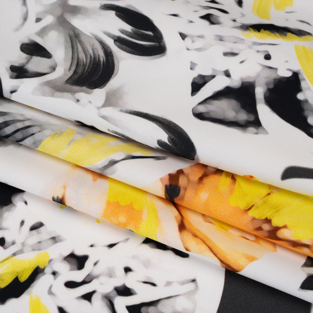 Polyester Satin - Black, White and Yellow Floral Negatives - Mood Exclusive Floral Exposure Print Folded