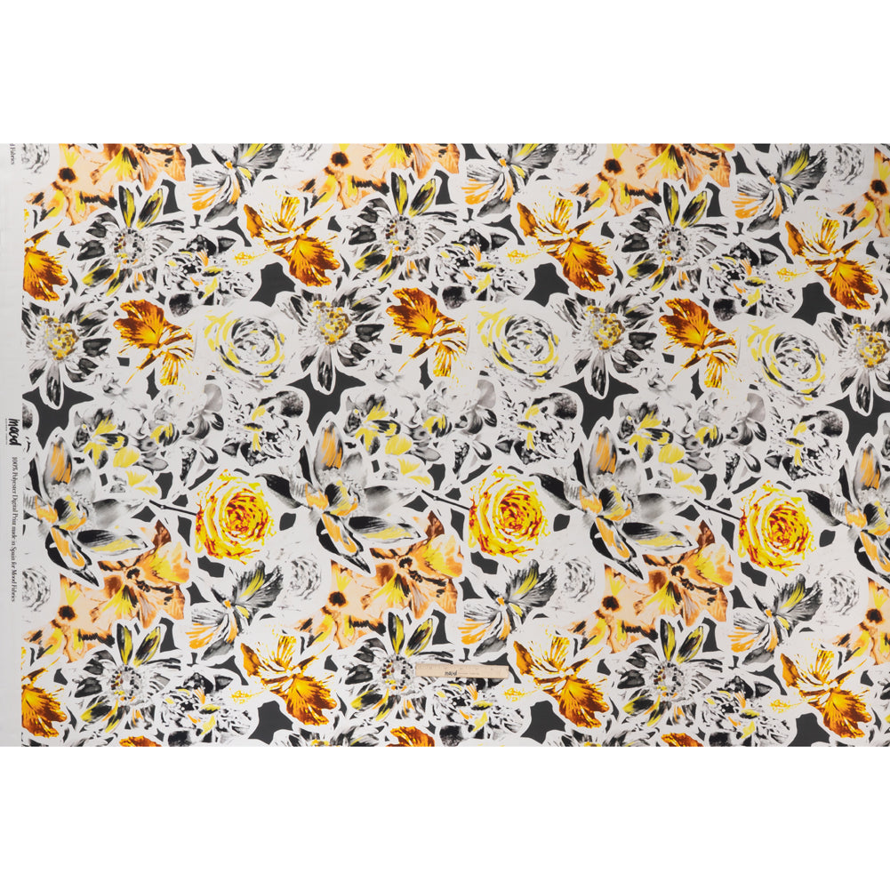 Polyester Satin - Black, White and Yellow Floral Negatives - Mood Exclusive Floral Exposure Print Full
