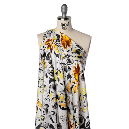 Polyester Satin - Black, White and Yellow Floral Negatives - Mood Exclusive Floral Exposure Print Drape