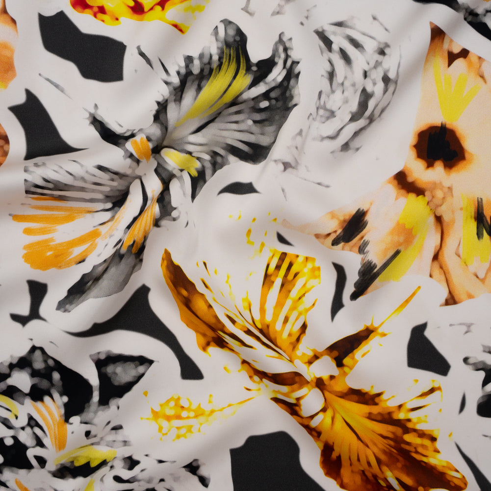 Polyester Satin - Black, White and Yellow Floral Negatives - Mood Exclusive Floral Exposure Print
