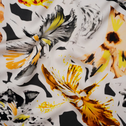 Polyester Satin - Black, White and Yellow Floral Negatives - Mood Exclusive Floral Exposure Print