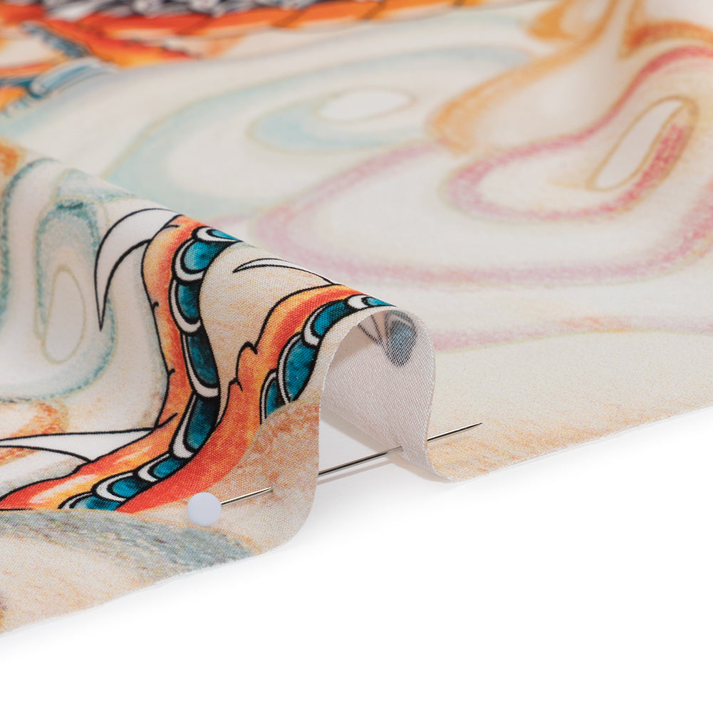 Polyester Satin - Red, Blue Green and Orange Eastern Dragon in Clouds - Mood Exclusive Skybound Scales Print - Detail
