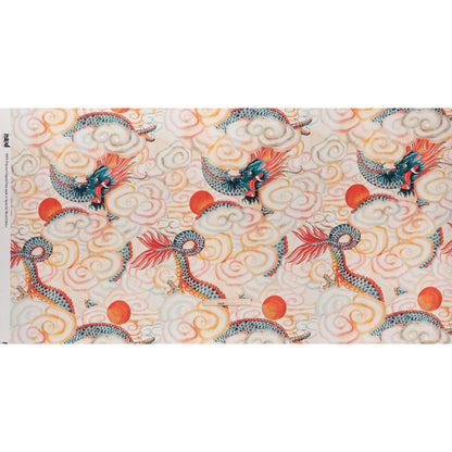Polyester Satin - Red, Blue Green and Orange Eastern Dragon in Clouds - Mood Exclusive Skybound Scales Print