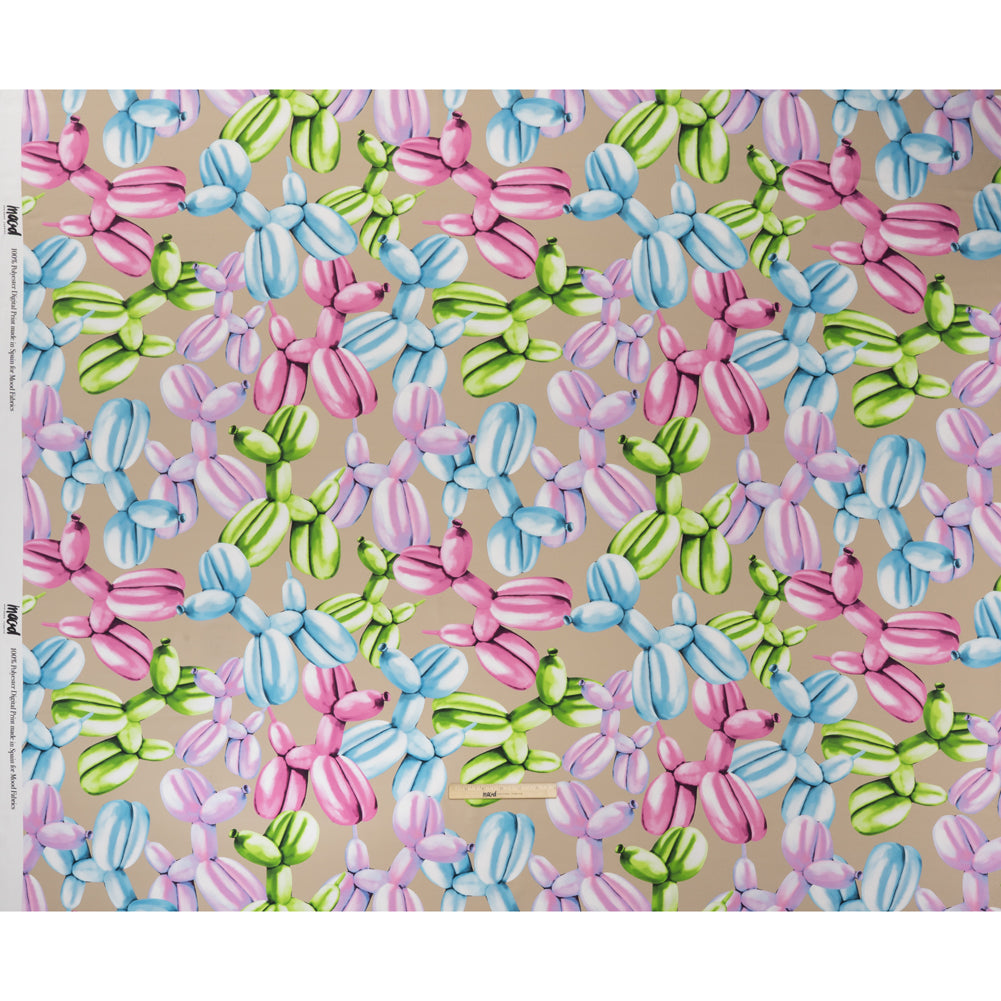 Polyester Satin - Pink, Blue and Beige Large Balloon Dogs - Mood Exclusive Puff Pups Print