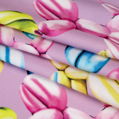 Polyester Satin - Lime Green, Blue and Light Purple Small Balloon Dogs - Mood Exclusive Puff Pups Print
