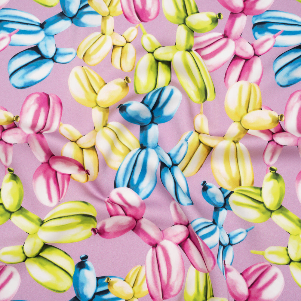Polyester Satin - Lime Green, Blue and Light Purple Small Balloon Dogs - Mood Exclusive Puff Pups Print