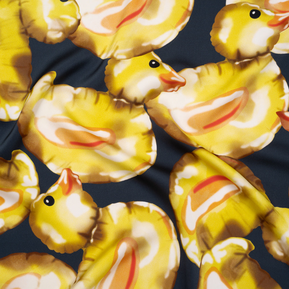 Polyester Satin - Yellow and Navy Large Rubber Ducky Balloons - Mood Exclusive Puffed Pond Print