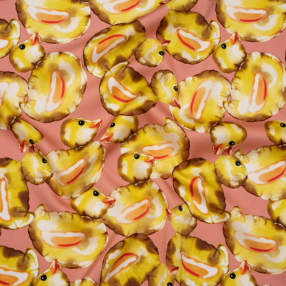 Polyester Satin - Yellow and Rose Pink Small Rubber Ducky Balloons - Mood Exclusive Puffed Pond Print