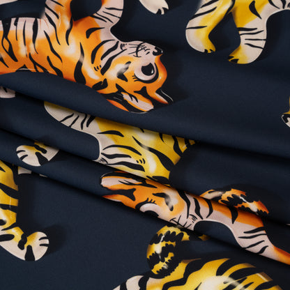 Polyester Satin - Navy, Yellow and Orange Balloon Tigers - Mood Exclusive Pop Jungle Print