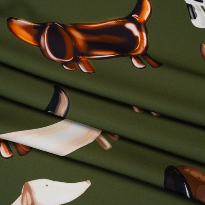 Polyester Satin - Brown, White and Olive Green Puppy Balloons - Mood Exclusive Dachshund Drift Print Folded