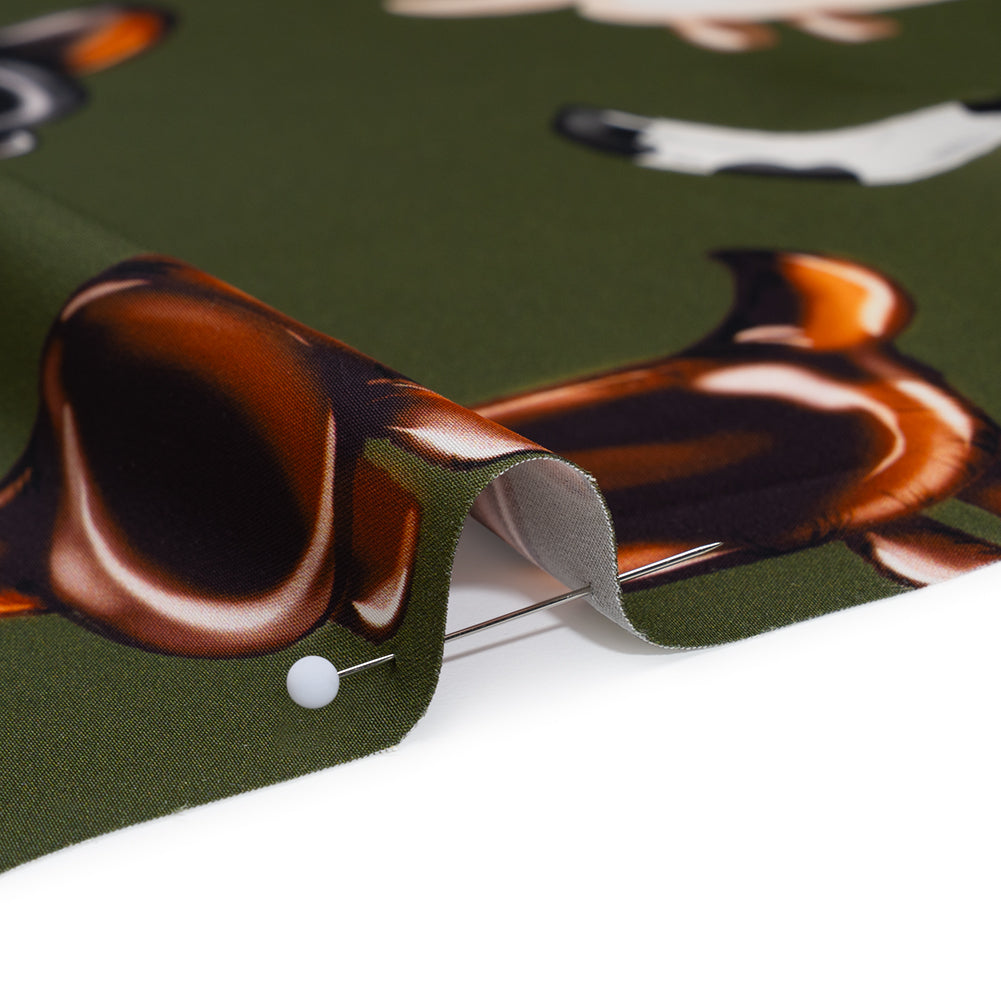 Polyester Satin - Brown, White and Olive Green Puppy Balloons - Mood Exclusive Dachshund Drift Print Detail