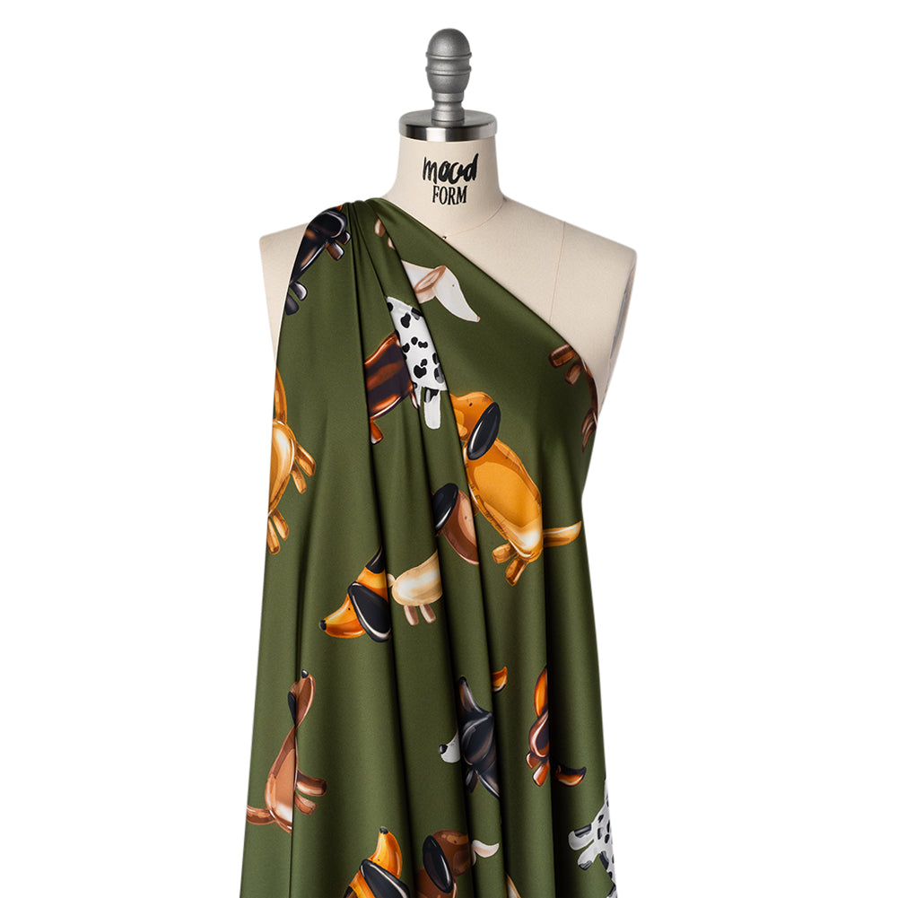 Polyester Satin - Brown, White and Olive Green Puppy Balloons - Mood Exclusive Dachshund Drift Print Drape