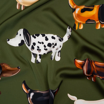 Polyester Satin - Brown, White and Olive Green Puppy Balloons - Mood Exclusive Dachshund Drift Print