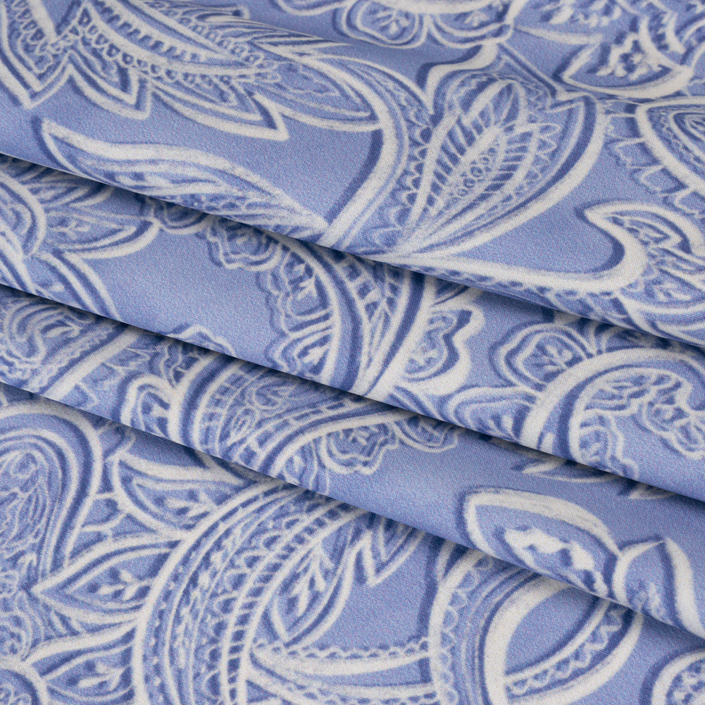 Polyester Satin - Blue and Cream Paisley - Mood Exclusive Spice Scroll Print Folded