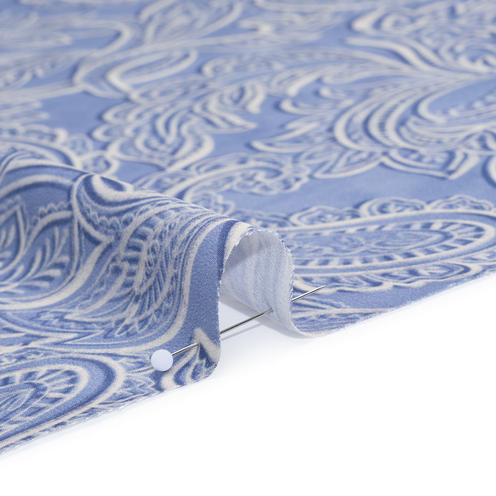 Polyester Satin - Blue and Cream Paisley - Mood Exclusive Spice Scroll Print Detail