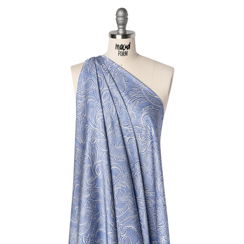 Polyester Satin - Blue and Cream Paisley - Mood Exclusive Spice Scroll Print Drape
