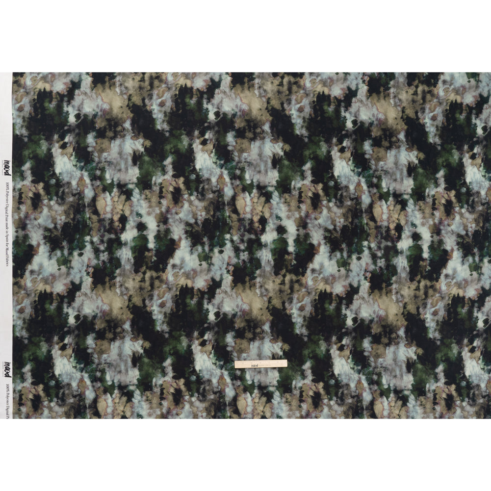Polyester Satin - Forest Green, Beige and Muted Pale Blue Abstract Painting - Mood Exclusive Earthtone Flow Print Full